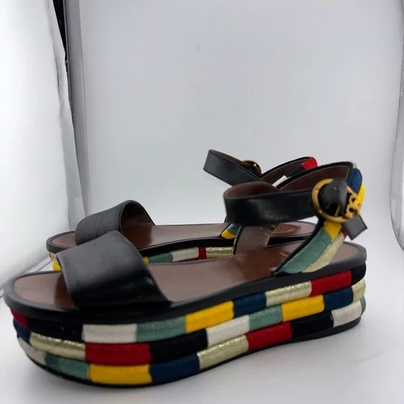 Tory Burch Leather Camilla Embroidered Platform Ankle Strap Sandals Size 5​​​​​ - Picture 13 of 16